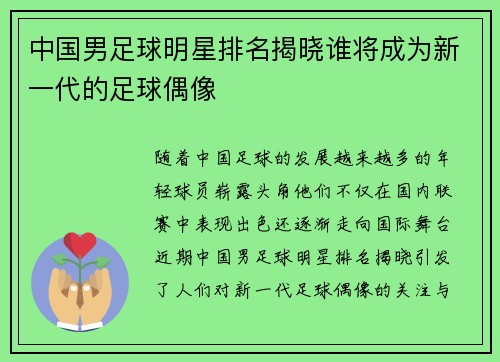 中国男足球明星排名揭晓谁将成为新一代的足球偶像